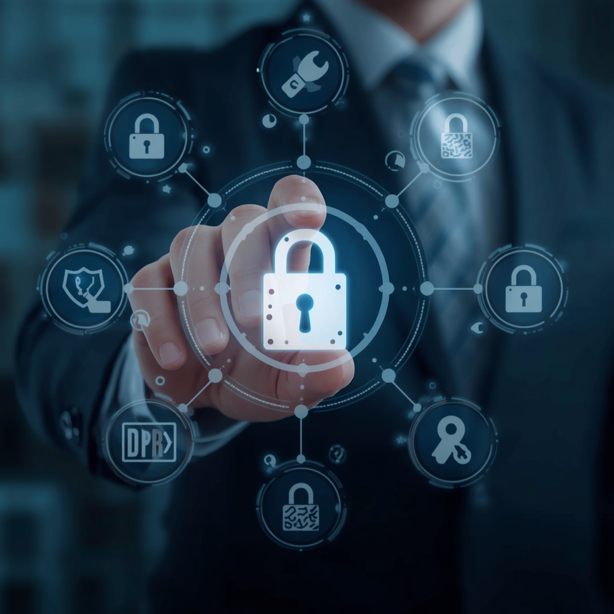 GDPR and Privacy Protection concept in professional stock photo style, showing data security, privacy shields, padlocks, digital protection symbols, clean corporate aesthetic