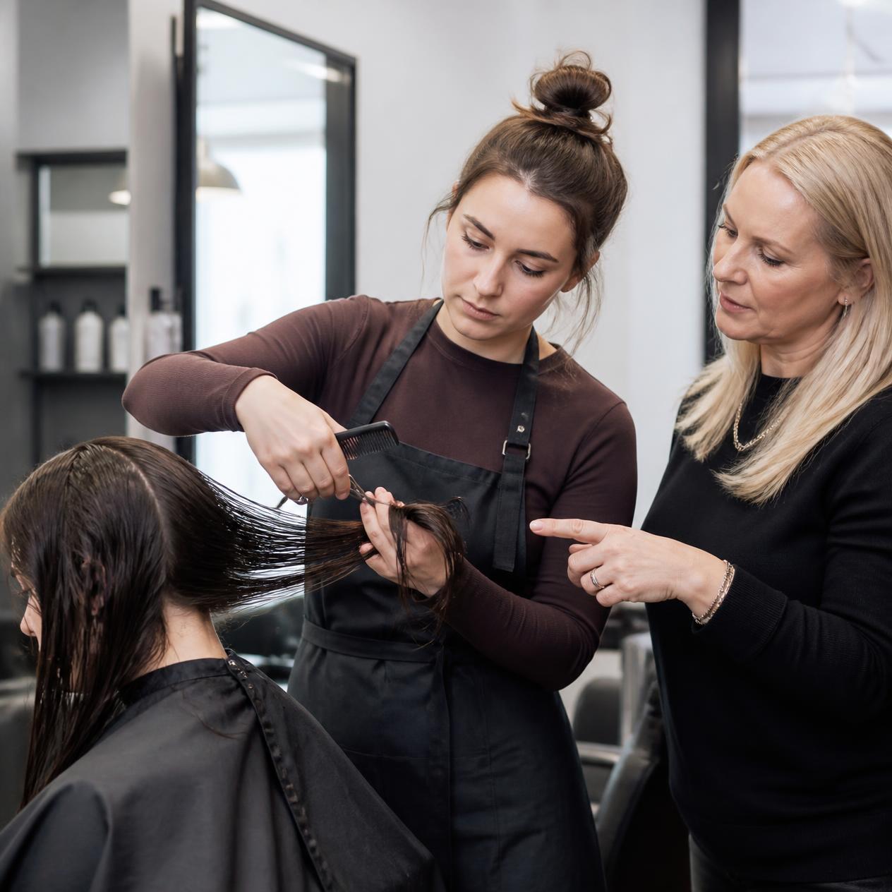 Hairdressing training in a professional salon setting, instructor teaching student, stock photo style, clean and polished aesthetic